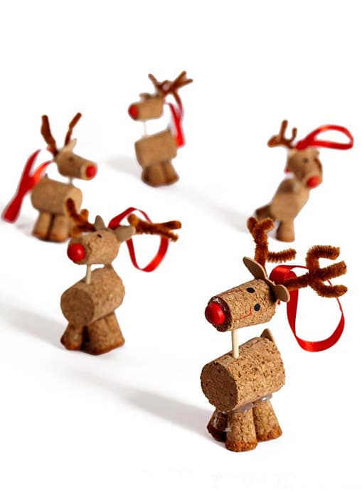 A herd of homemade cork reindeer ornaments